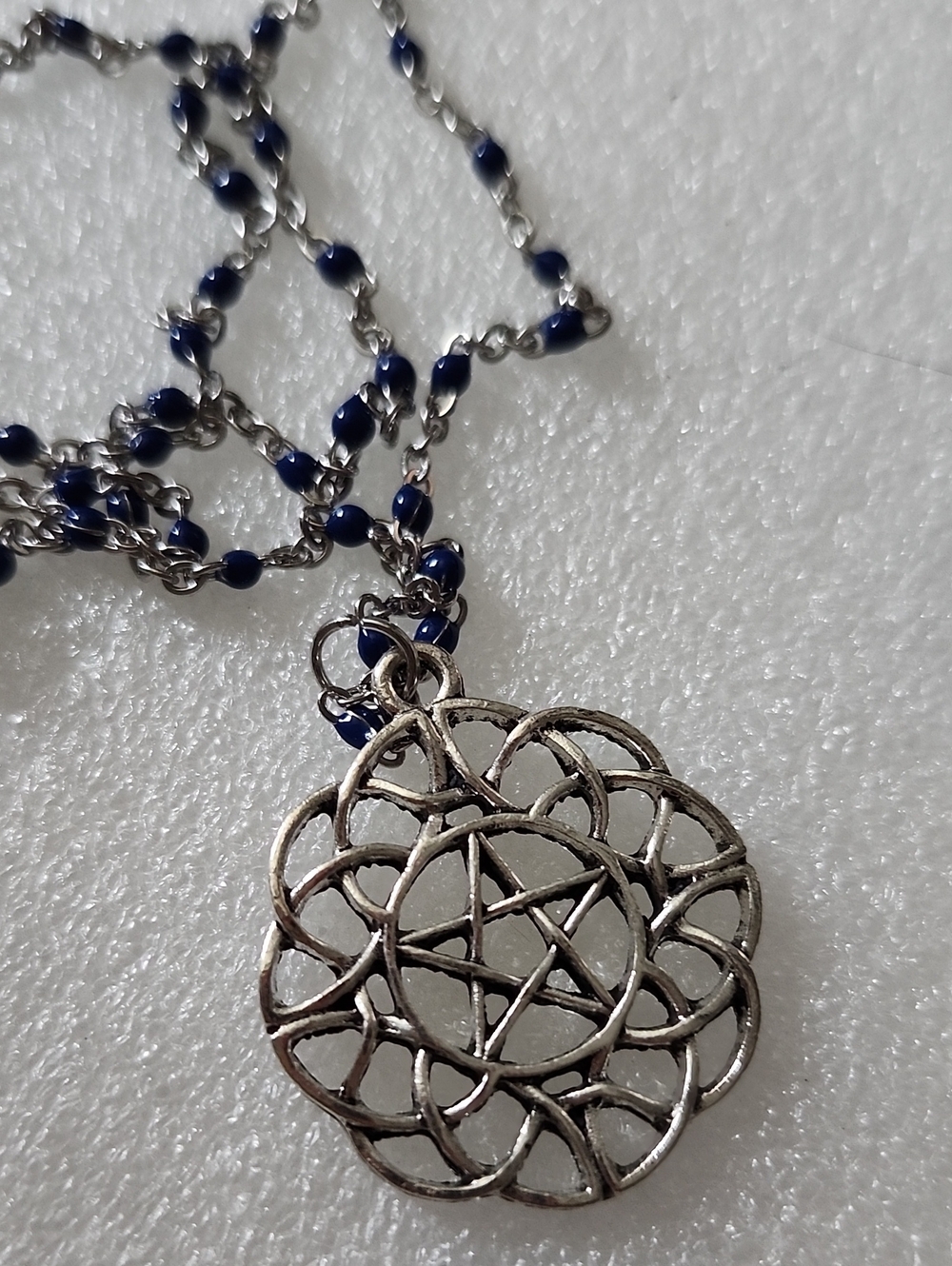 Hand Crafted Silver Pentagram Pendant Necklace with Navy Beaded Chain